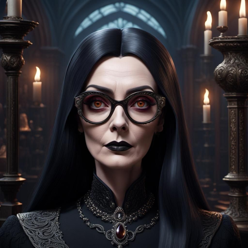 Morticia Addams with Squared Glasses: Detailed Matte Paintin...