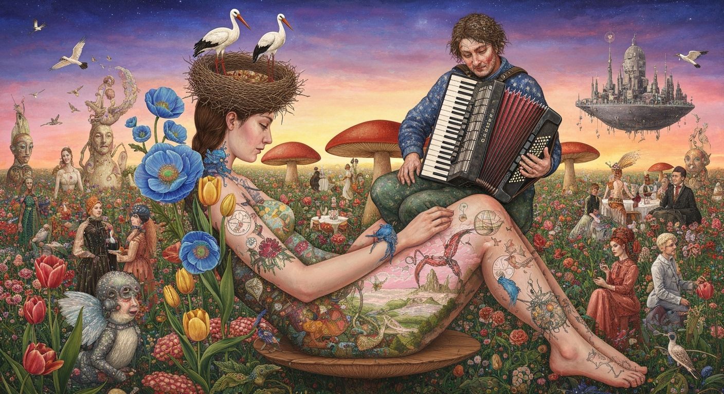 Woman Intertwined with Nature, Stars, and Birds