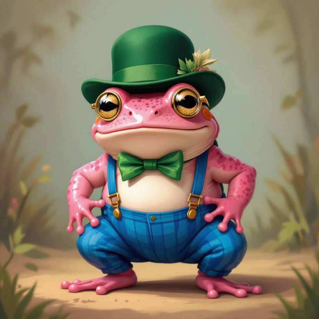 Whimsical Pink Frog in Green Bowler Hat and Blue Pants