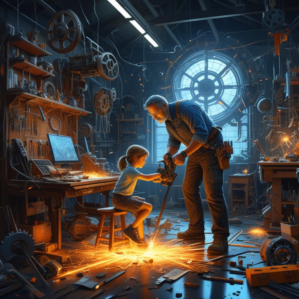 Father and Daughter in Chaotic Sci-Fi Workshop