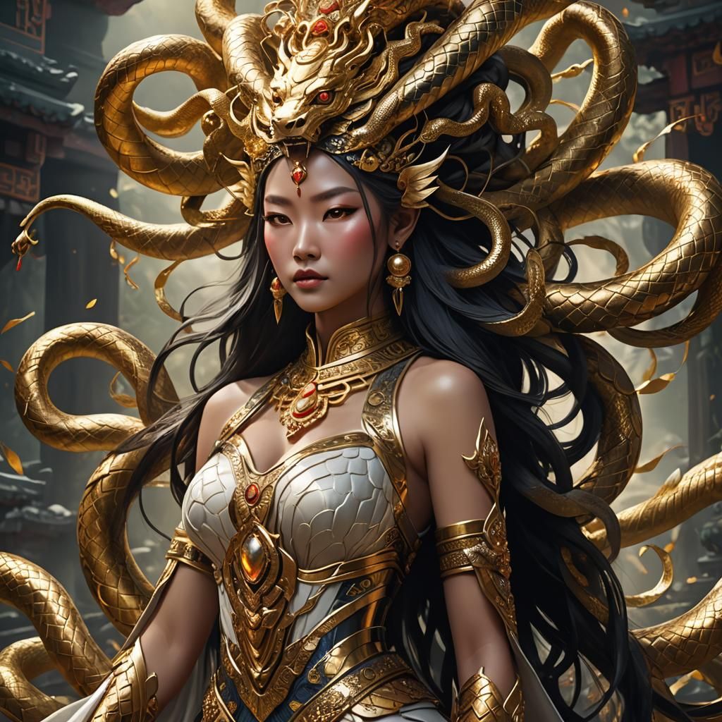 Goddess with Golden Snake Crown in Matte Painting Style