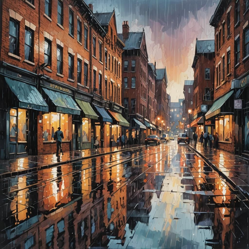 Abstract olpntng style drawing of a street scene highlighting city life, heavy rain, water reflections dancing with ambi...
