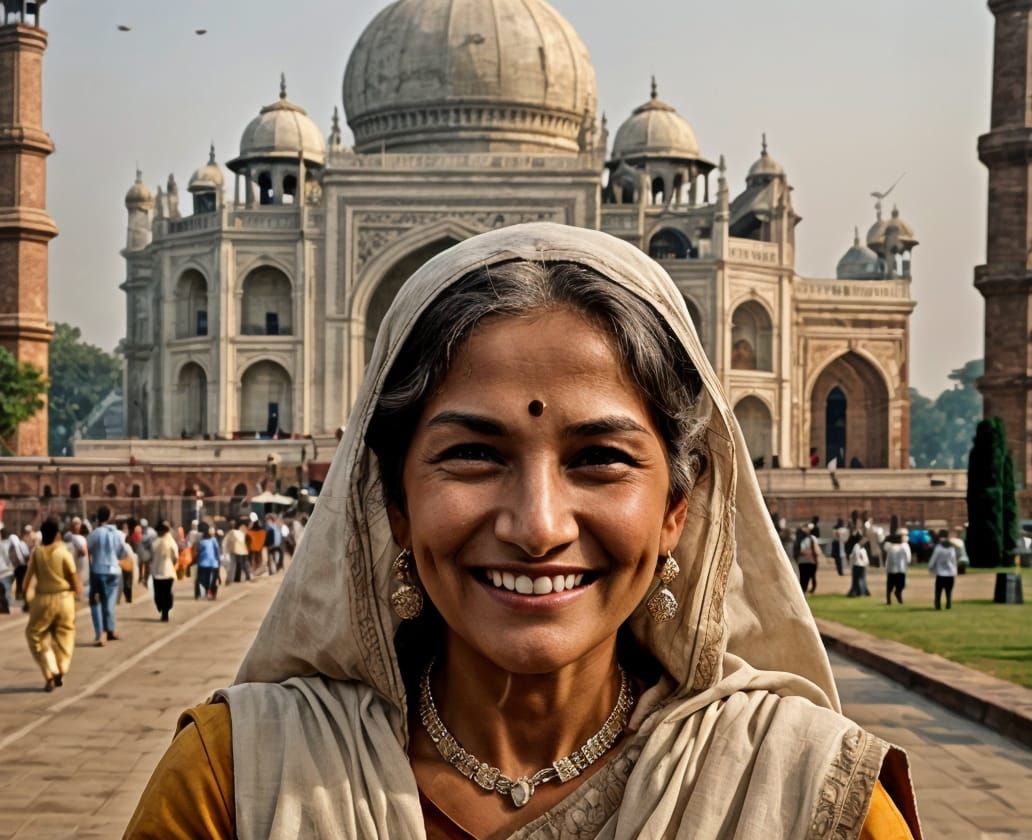 Mature Indian Beauty Smiles with Taj Mahal
