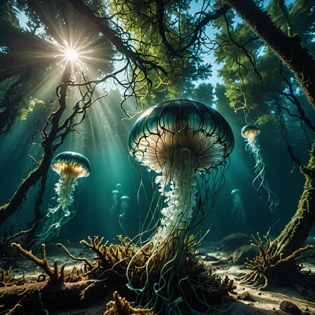 Underwater Evergreen Forest with Sunlight, Hyperrealistic St...