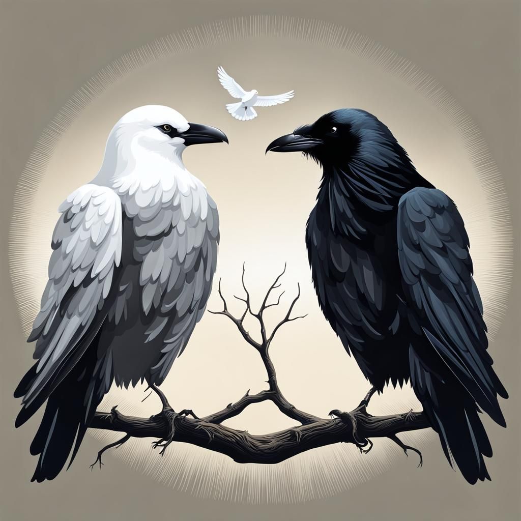 Symbolic Duality: Raven and Dove Illustration