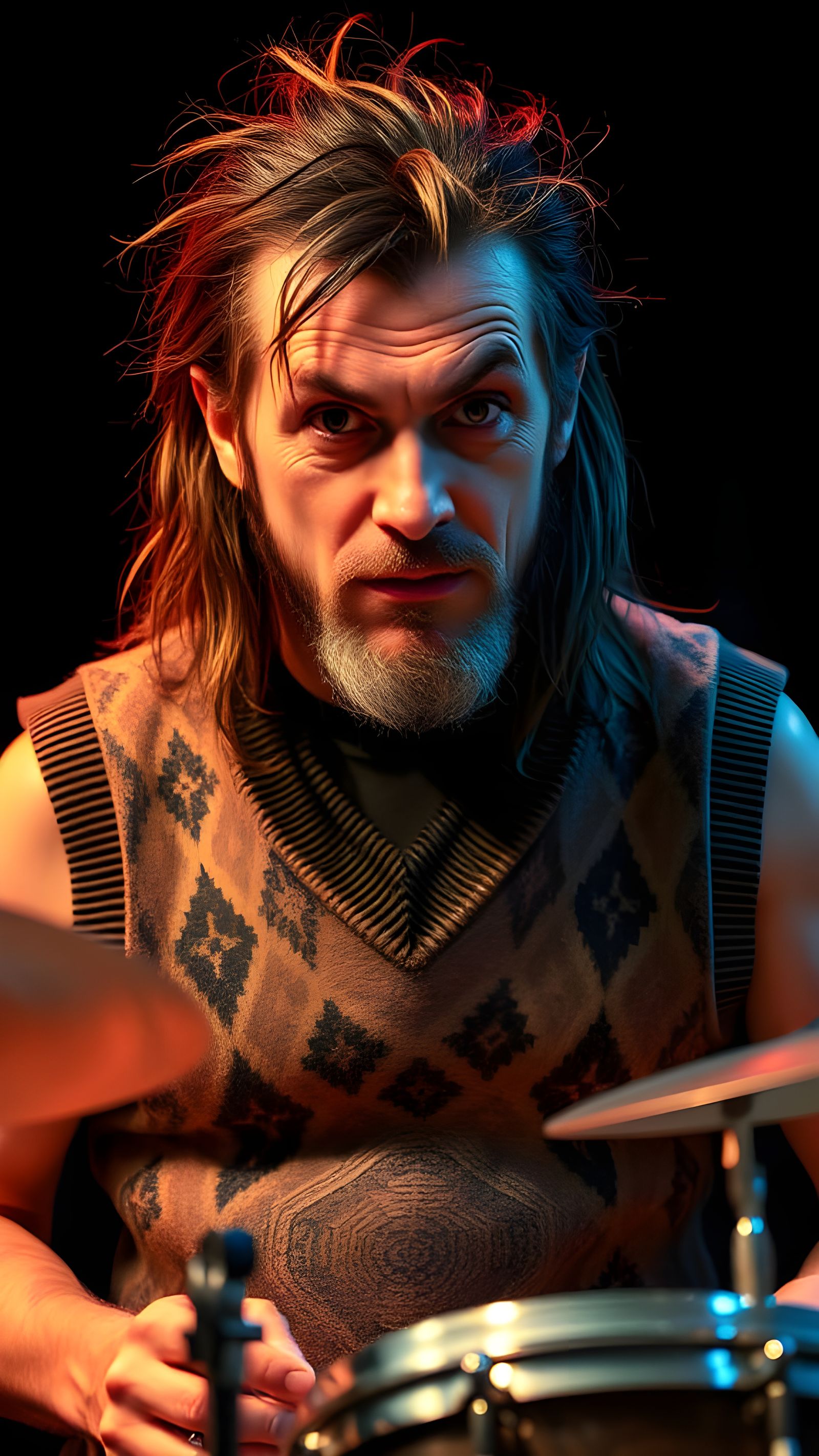 Metal Drummer in Psychedelic Sweater Vest with Earnest Serio...