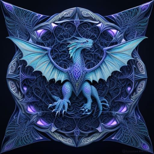 Abstract Fractal Dragon with Open Wings in Blue and Purple