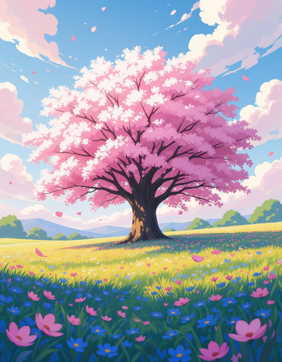 Colossal Cherry Tree in Vibrant Anime Meadow