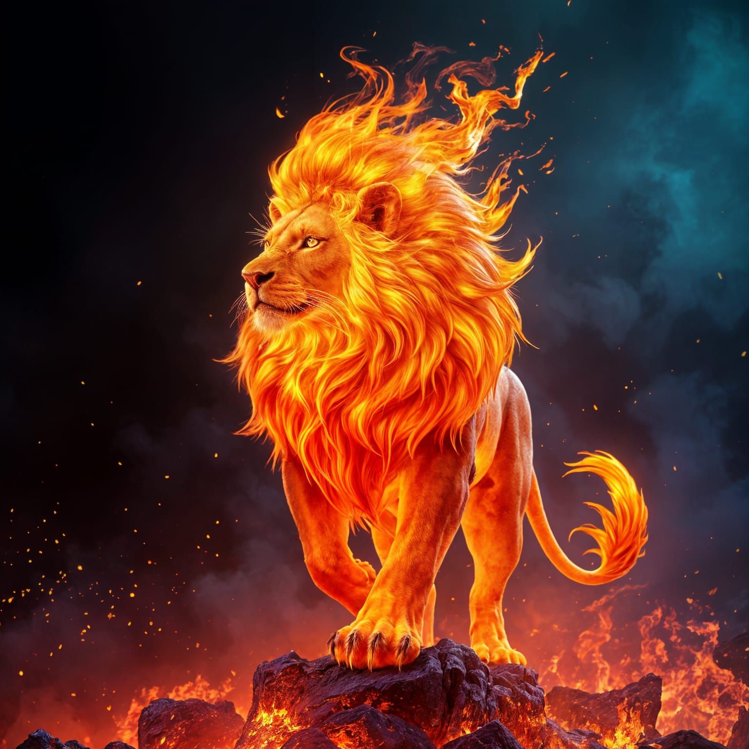 Majestic Fire Lion in Detailed Matte Painting Style