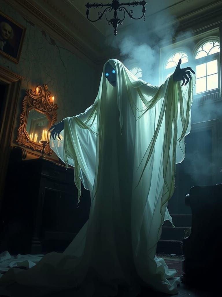 A terrifying, otherworldly ghost emerging from the shadows, ...