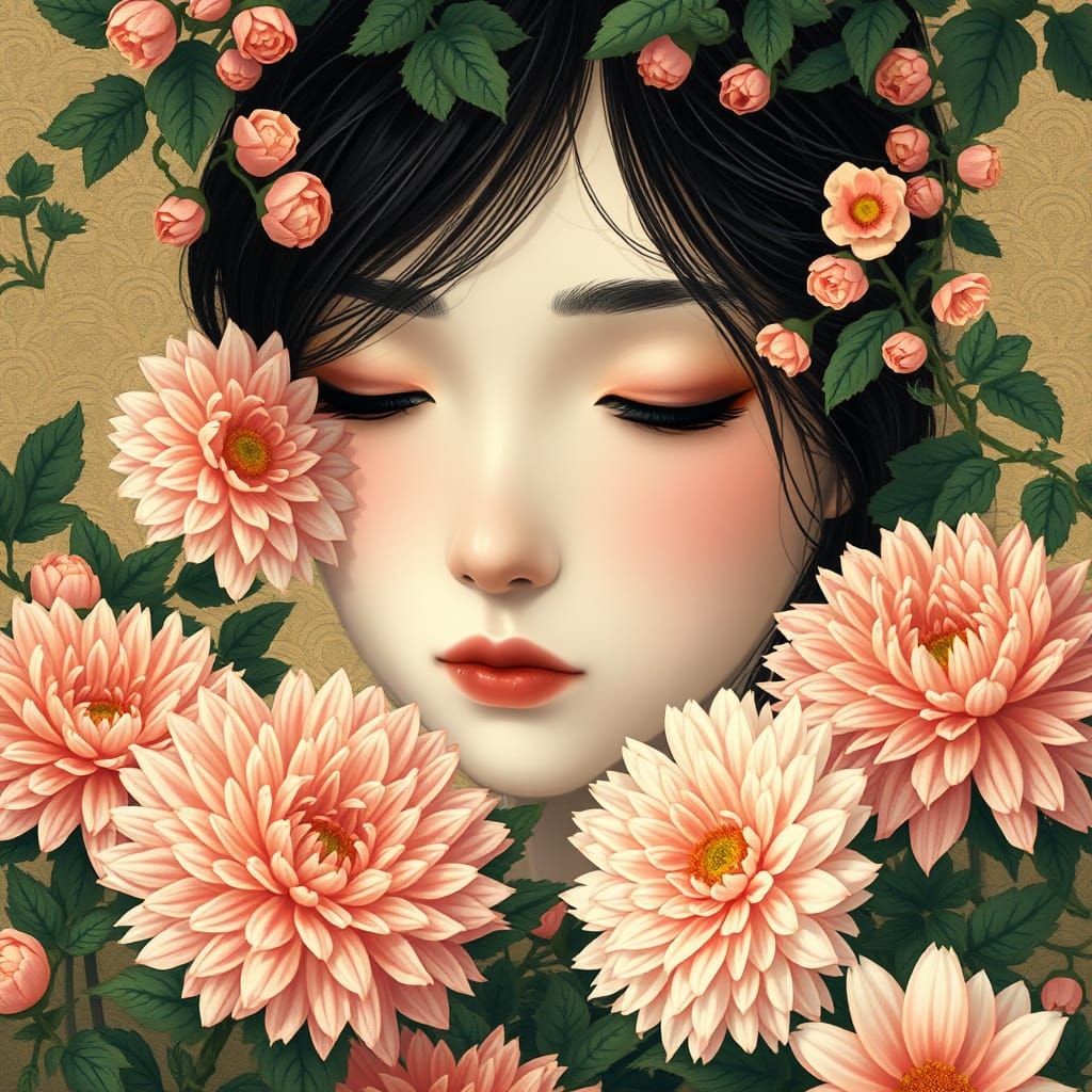 Serene Face Blends with Vibrant Chrysanthemums in Japanese A...