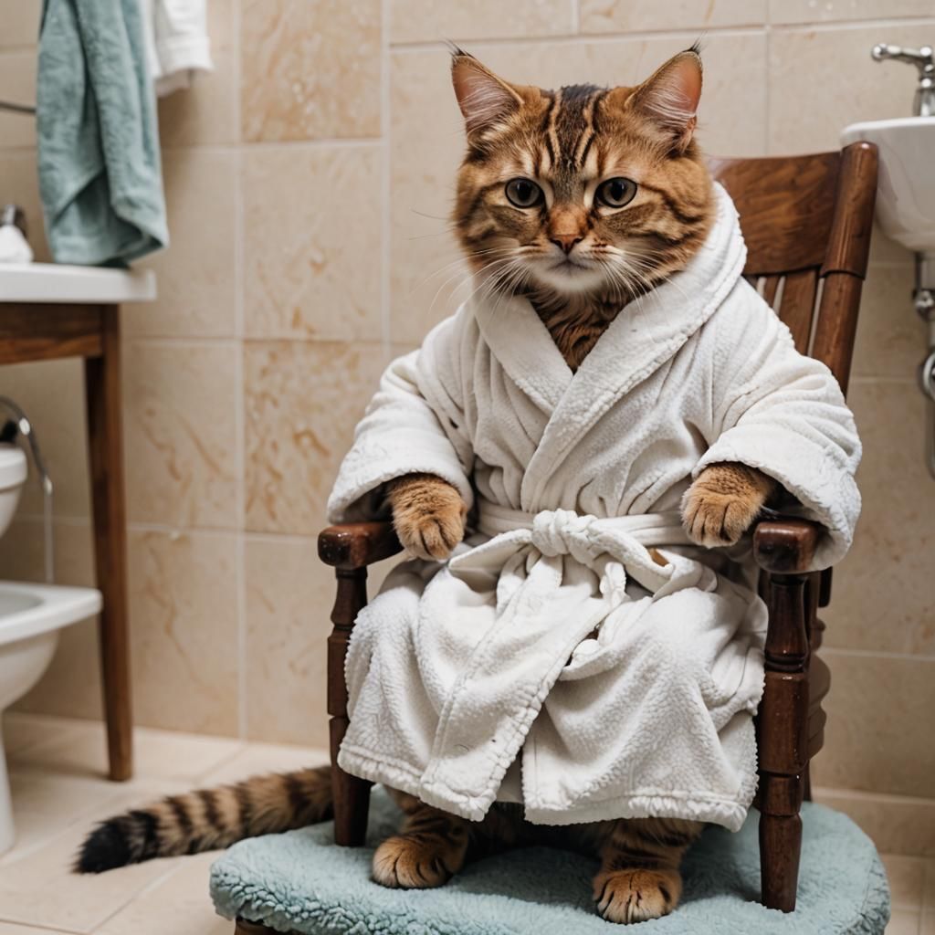 Cute Cat Freezing in Bathrobe on Tiny Chair
