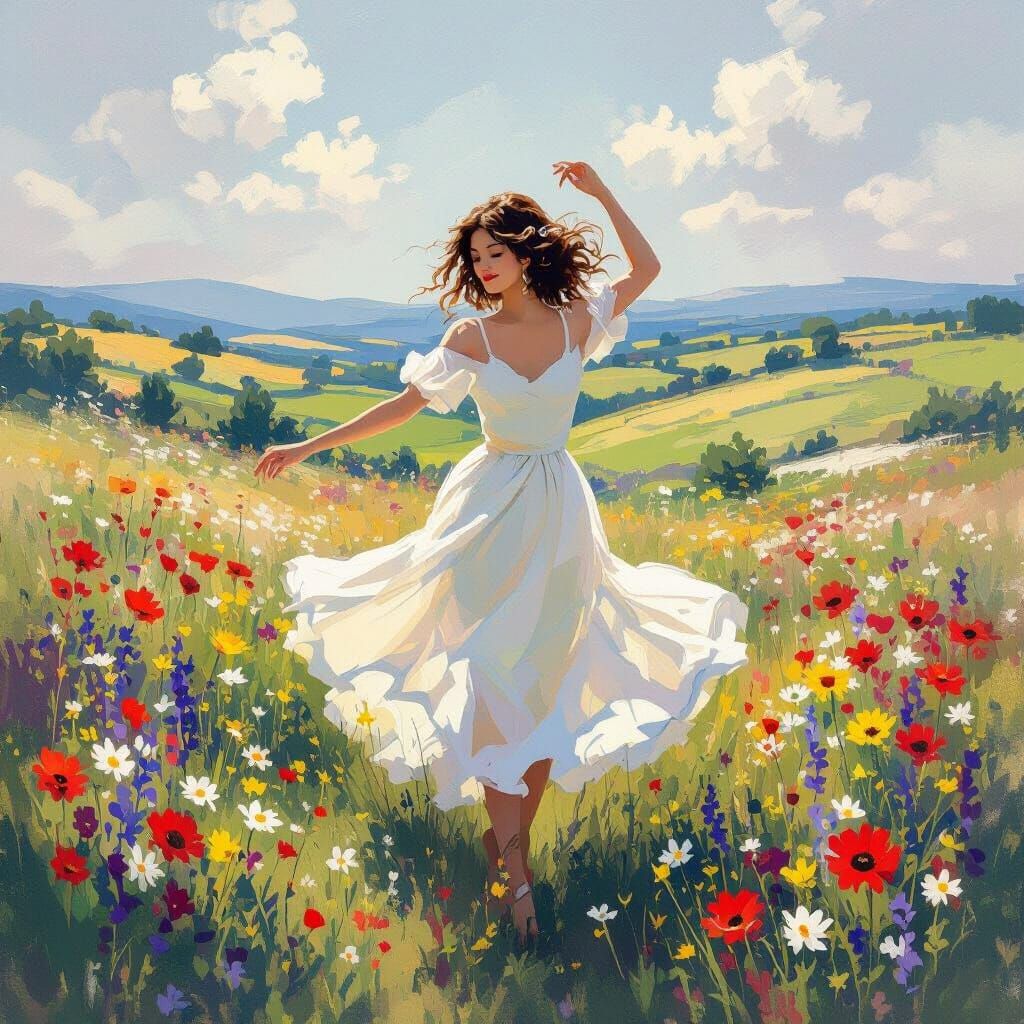Woman Dancing in Whimsical Impressionist Landscape