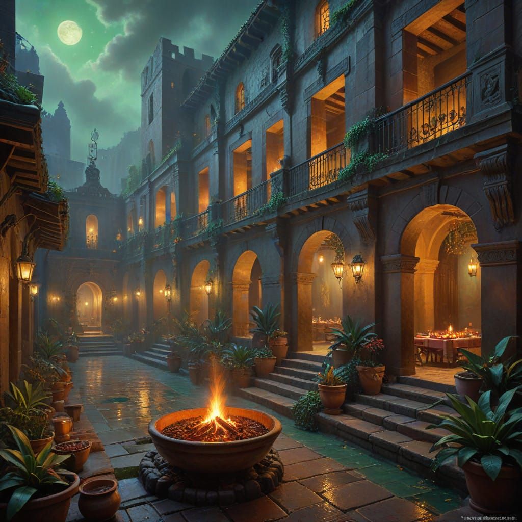 A grand Aztec feast held in a stone courtyard illuminated by torchlight. Rich chocolate (cacao) and deep woody scents mi...