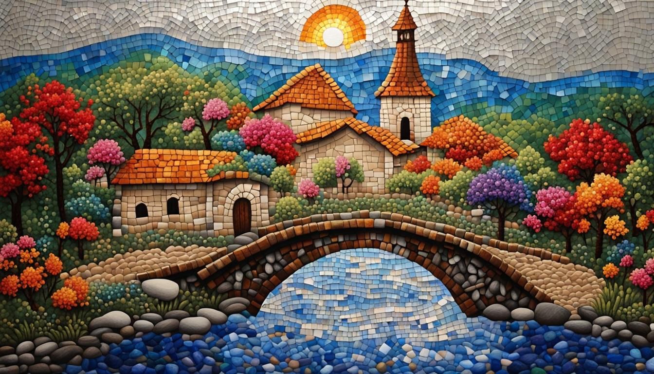 Mosaic and Pebble Art Village in Soft Colors