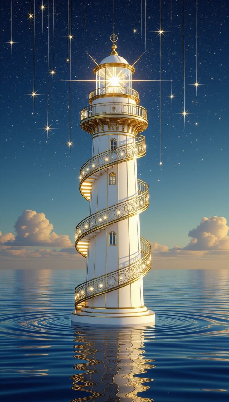 Ornate Lighthouse Suspended Over Mirror Sea
