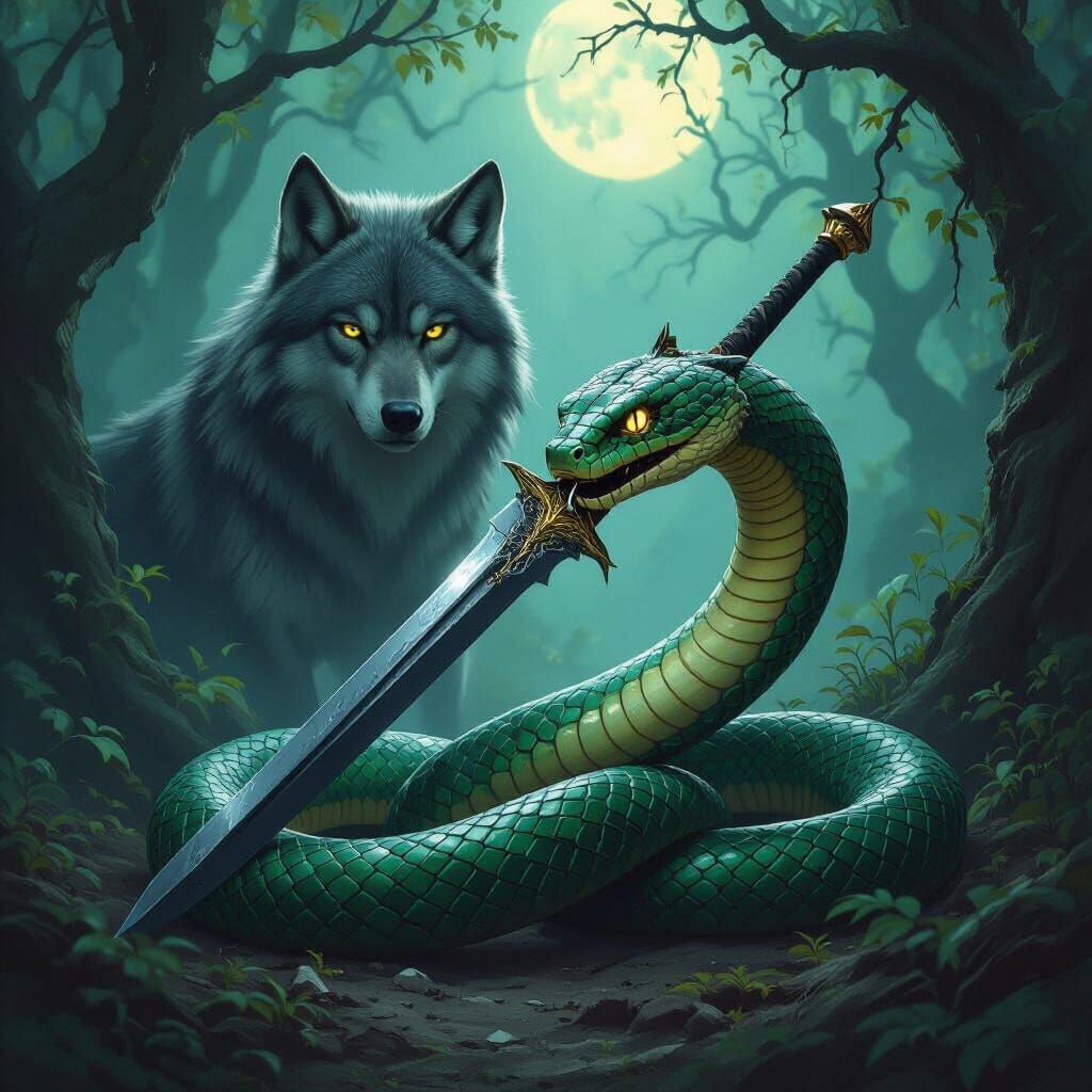 Emerald Cobra Holds Obsidian Sword, Wolf Lurks in Forest