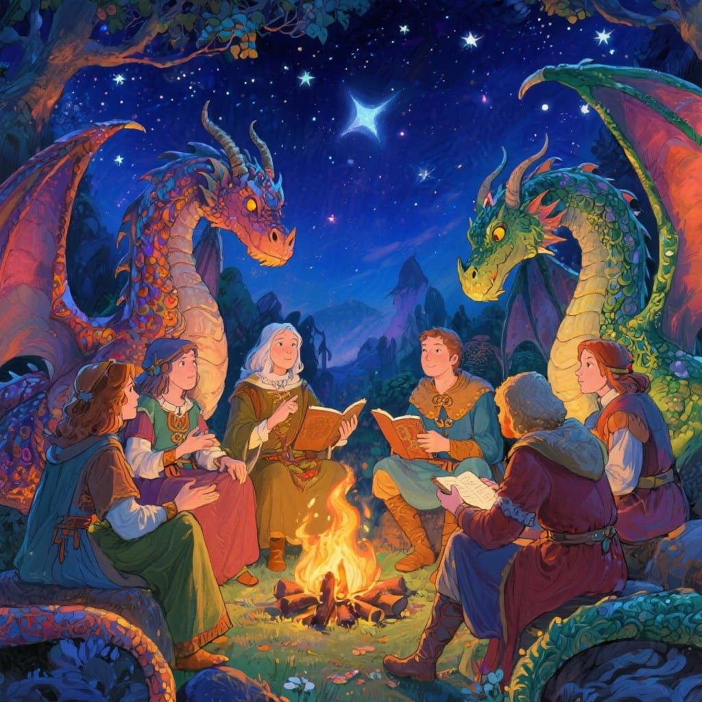 Dragons and Humans Share Stories by Starry Campfire