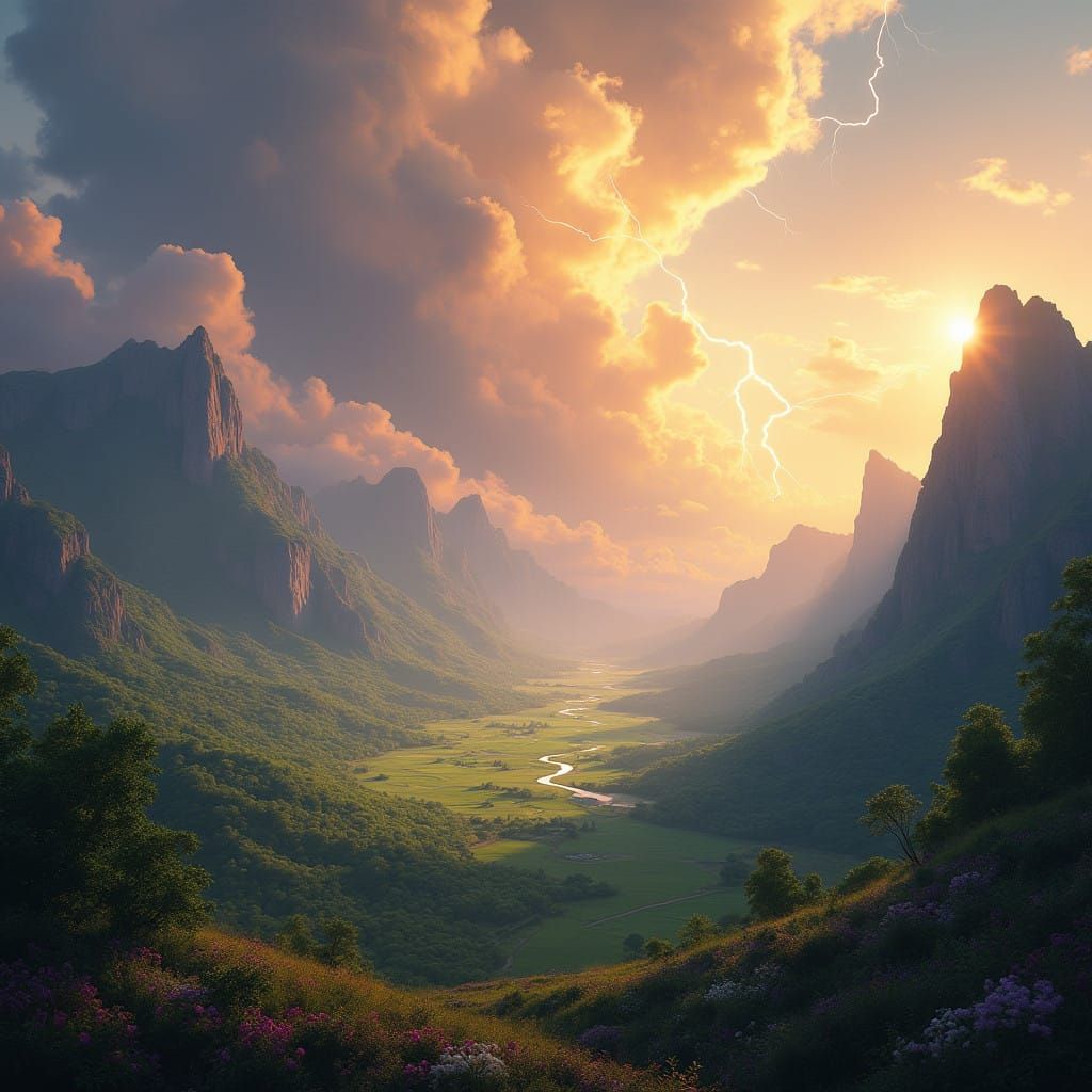 Divine Valley Landscape with Majestic Stormy Skies in Vibran...