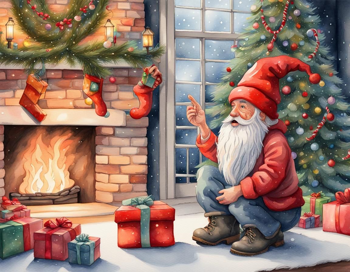 Festive Christmas Gnome Watercolor Scene