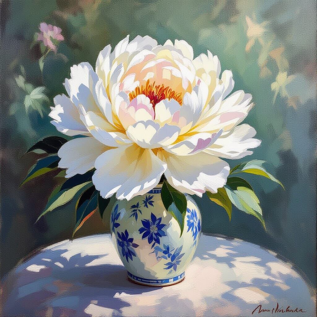 White Peony in Circular Vase, Impressionist Style