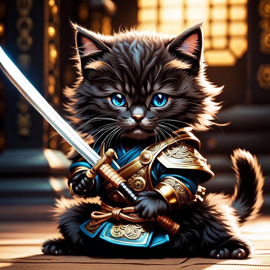 Steampunk Samurai Kitten with Katana