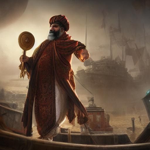 Arab Man Shouting on Ship: Historical Matte Painting