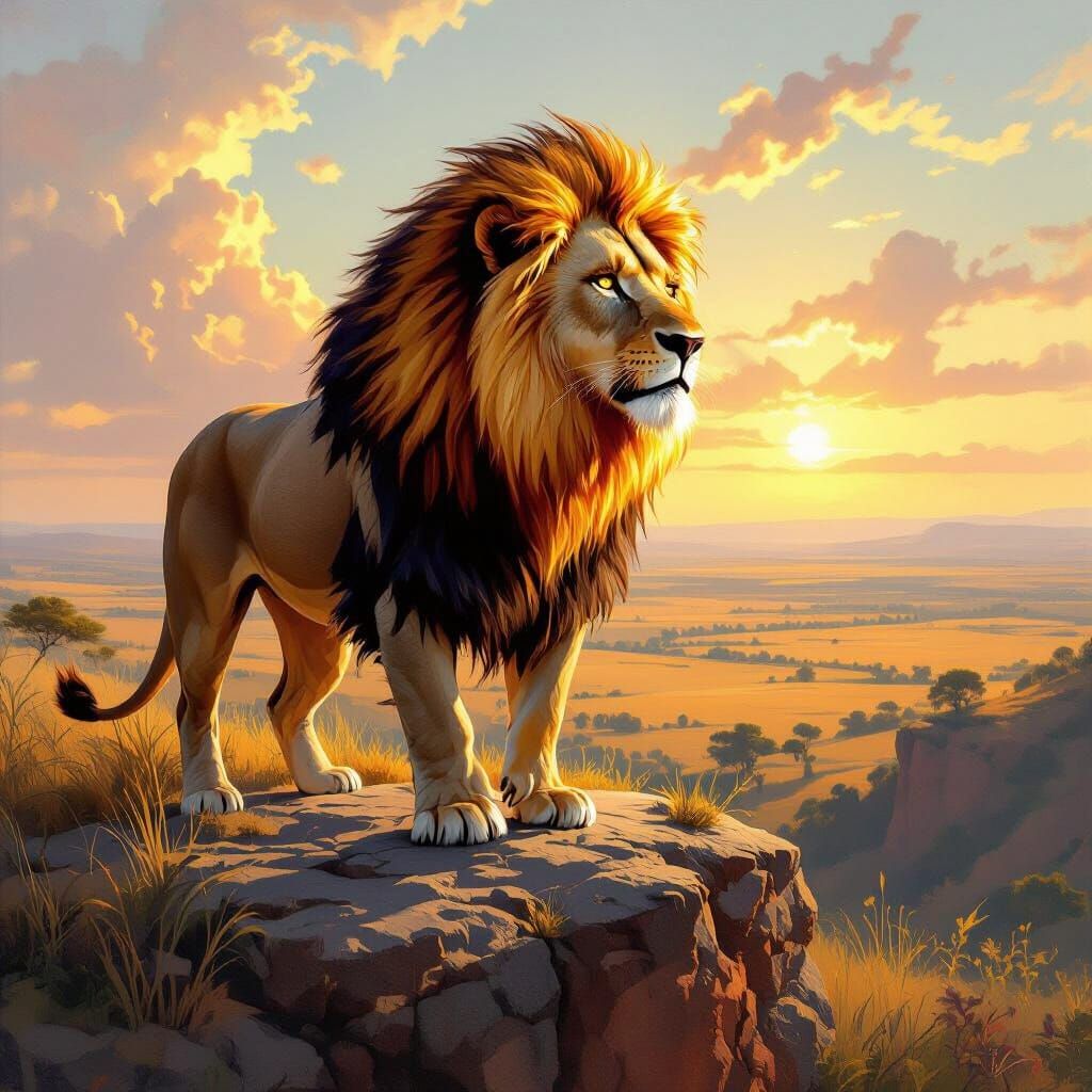 Lion with Fiery Mane in Classical Oil Style