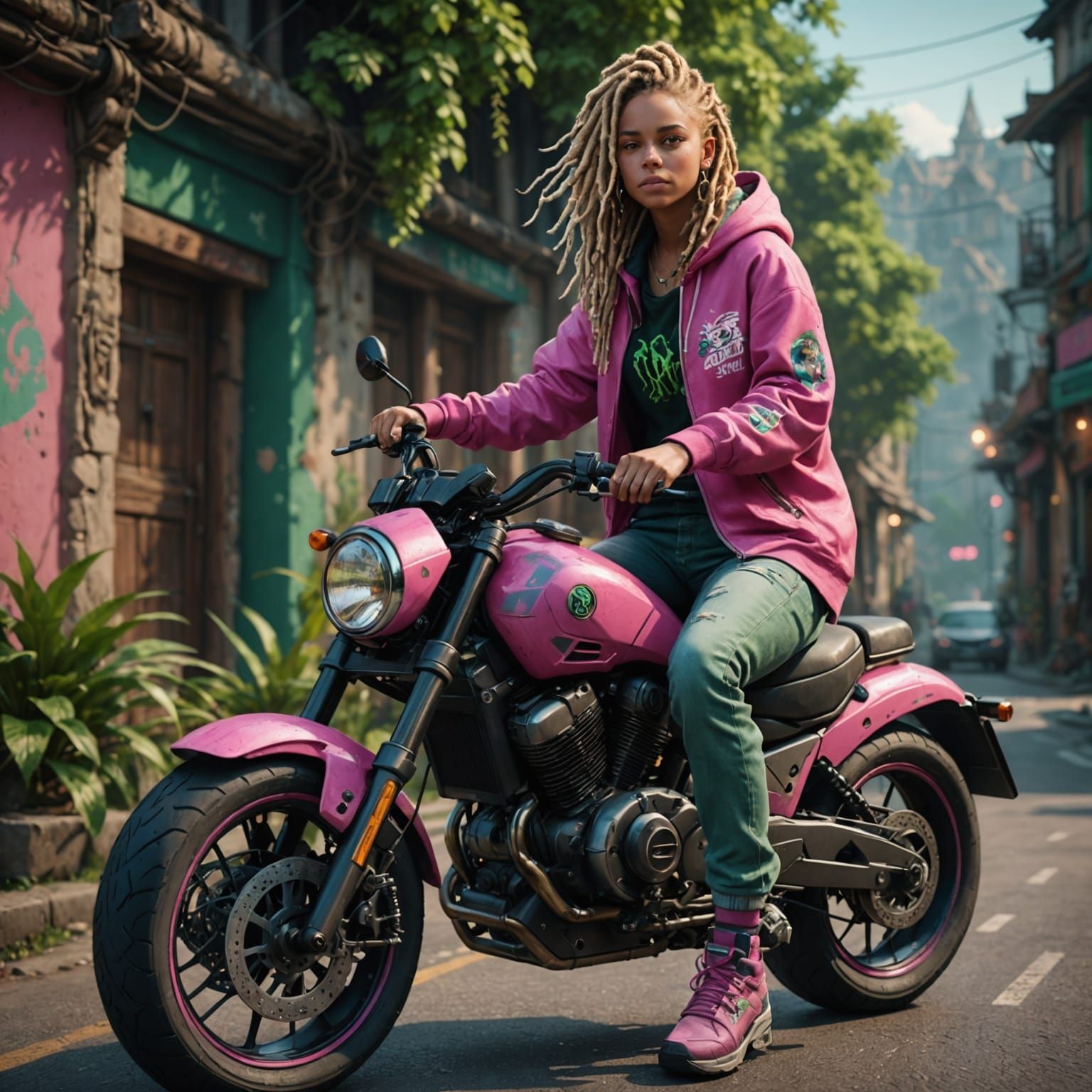 Gothic Fantasy Biker in Vibrant Colors