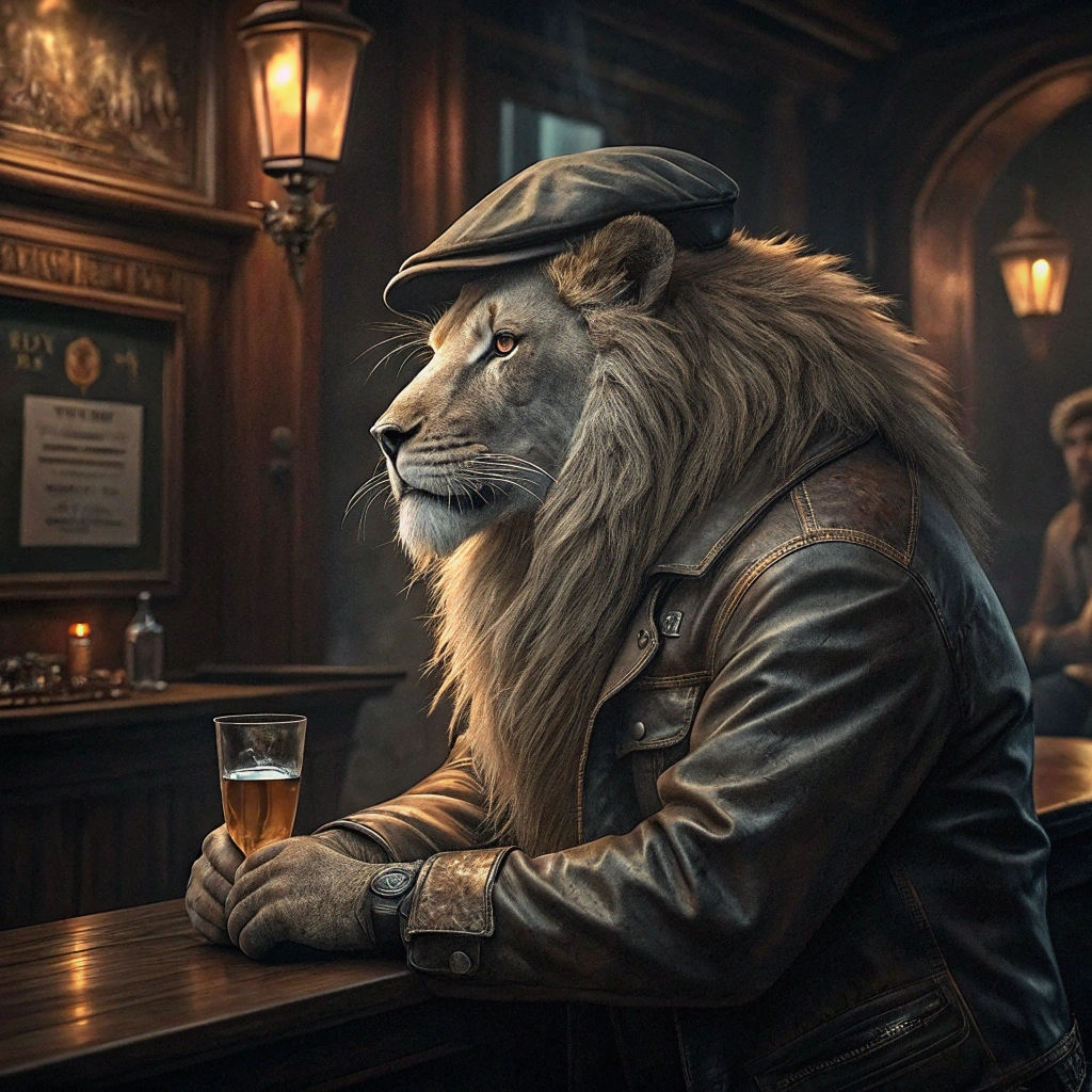 White Lion Enjoying Whiskey in Irish Pub