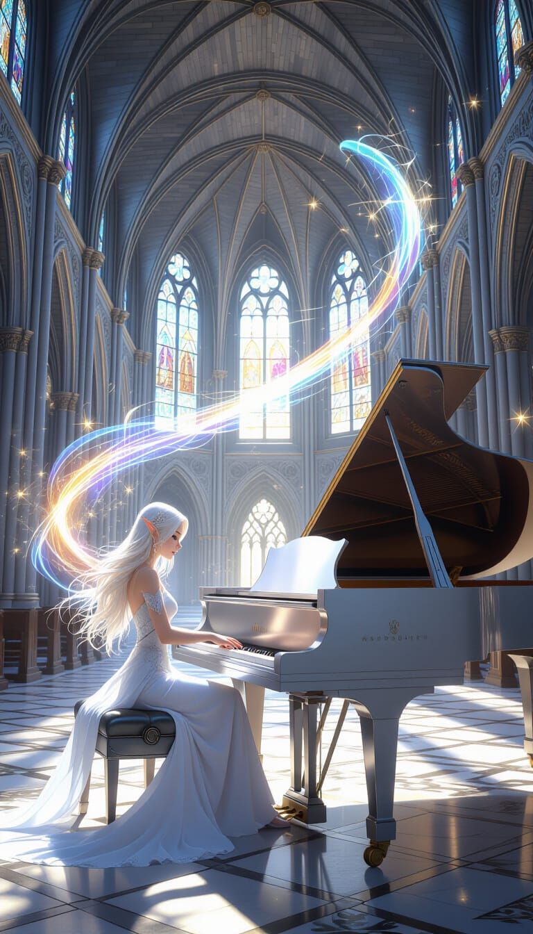 Elf Musician Plays Grand Piano in Mystical Cathedral