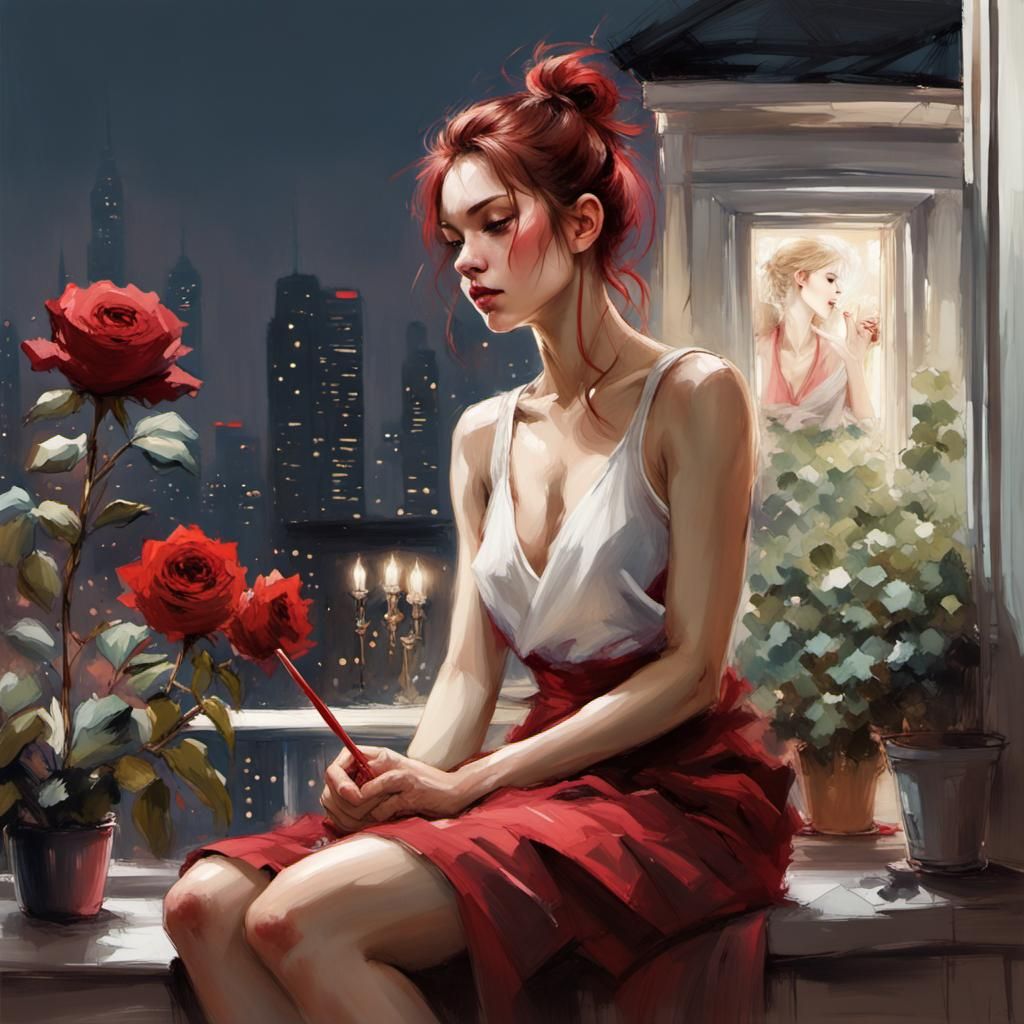 Woman in Bay Window with Urban Garden, Watercolor Style