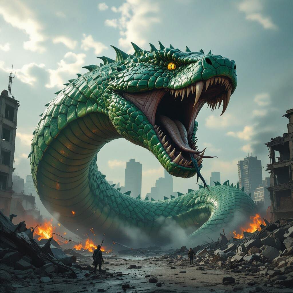 Colossal D&D Snake Devours City in Photorealistic Scene