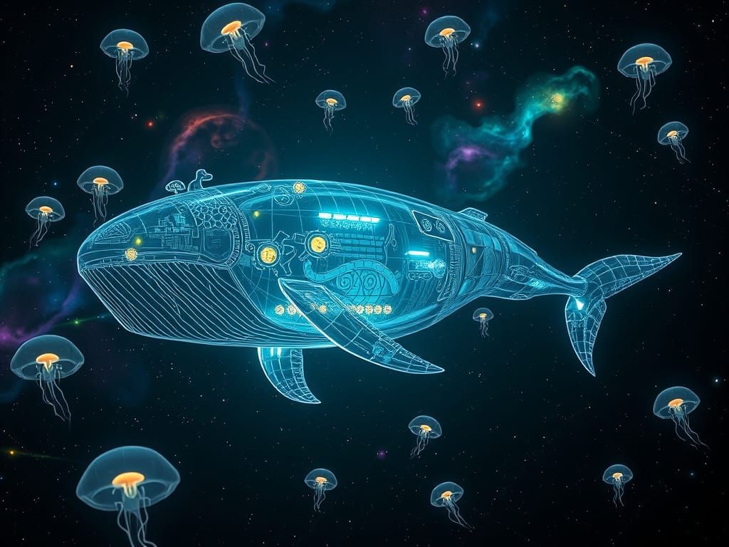 Glowing Whale Spaceship Sails Through Deep Space