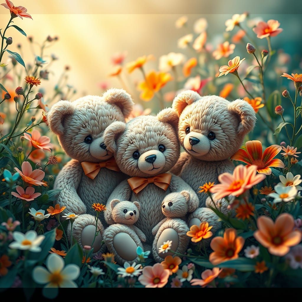 Whimsical Teddy Bears in a Vibrant Fantasy Garden