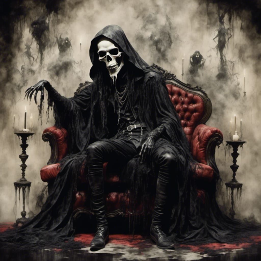 Grim Reaper on Red Couch in Watercolor Style