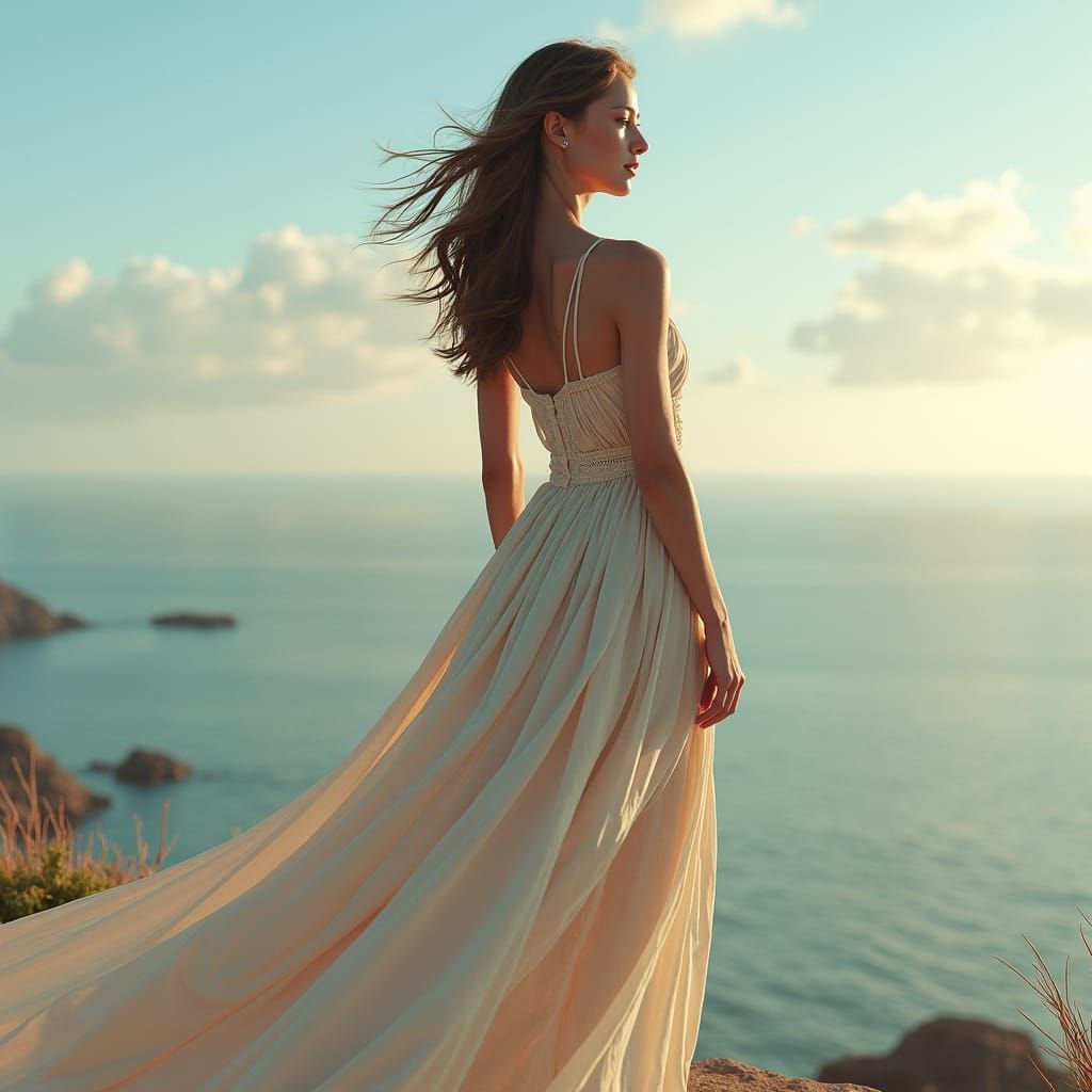 Woman Gazing at Horizon in Flowing Dress