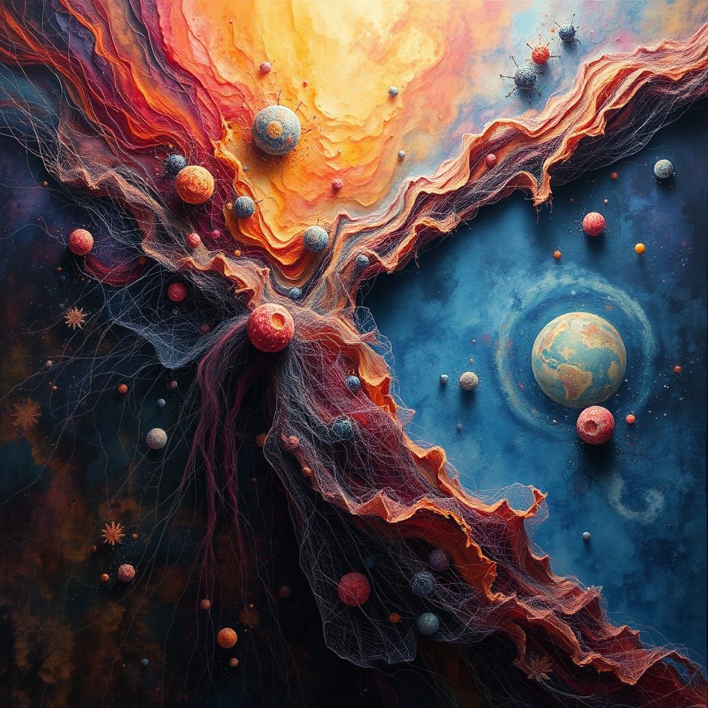 Cosmic Threads Unraveling: A Surreal Abstract Landscape