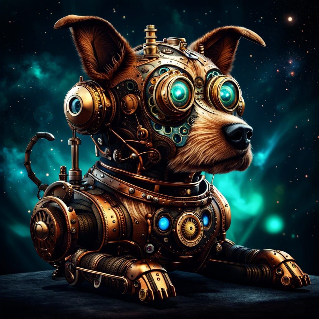 Steampunk Dog Bot Reflecting the Universe