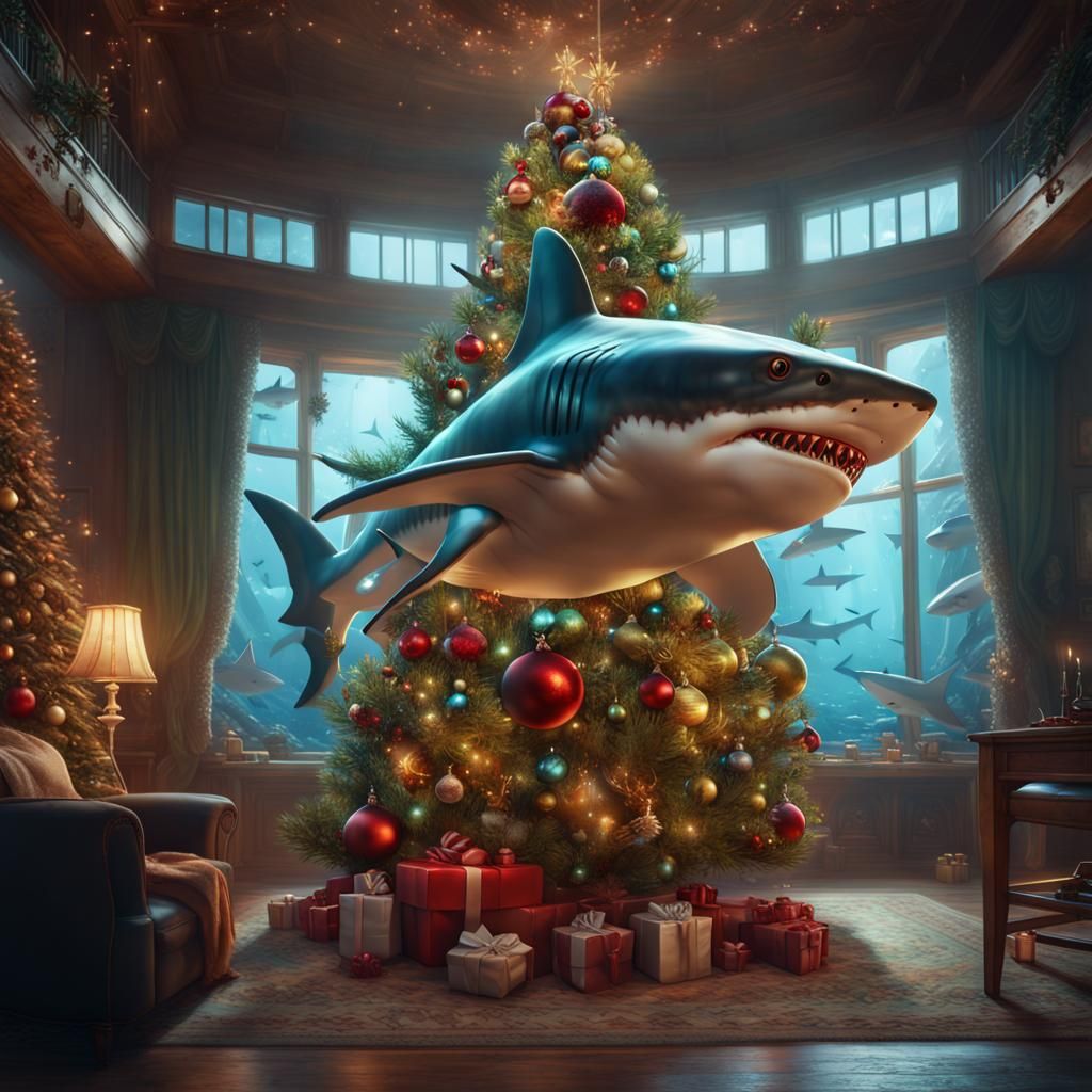 Christmas Sharks Undersea Fantasy in Detailed Digital Painti...