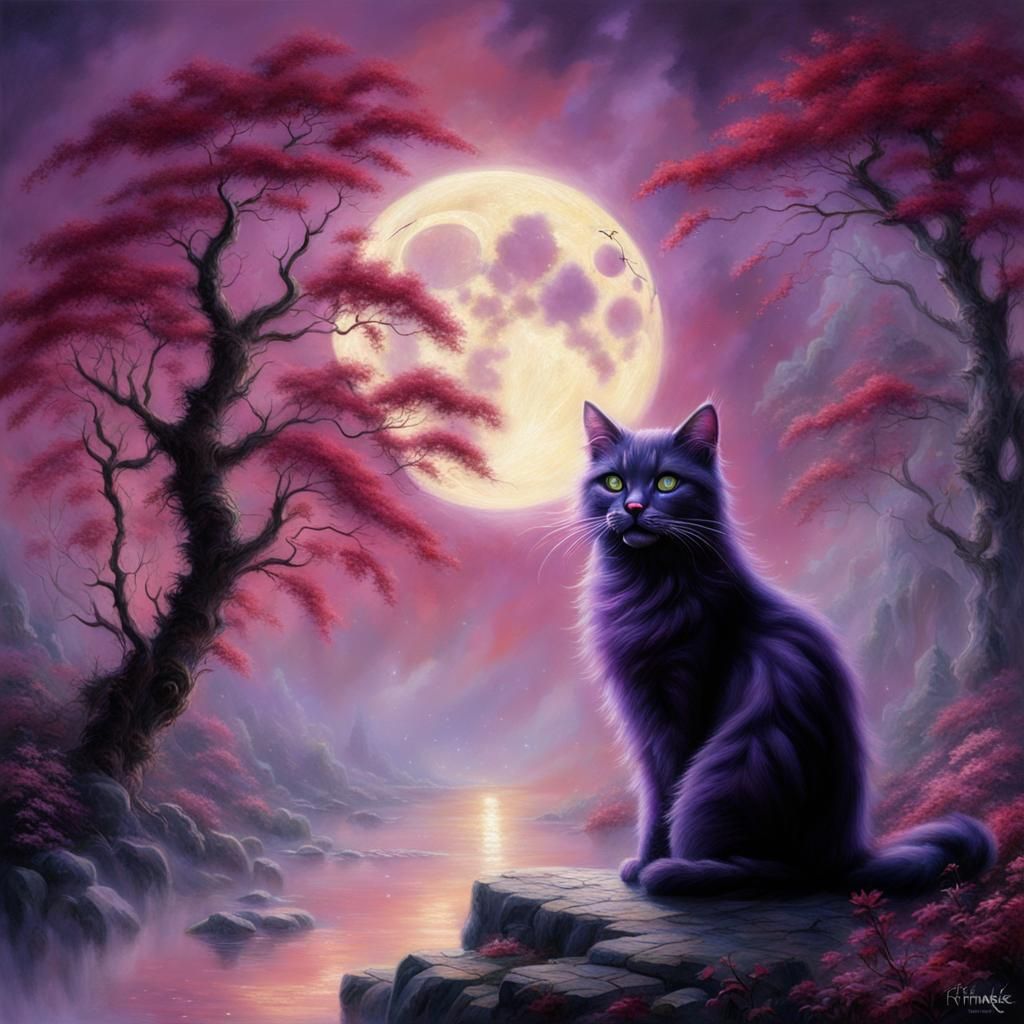 Ethereal Purple Cat with Red Smoke, Fantasy Art
