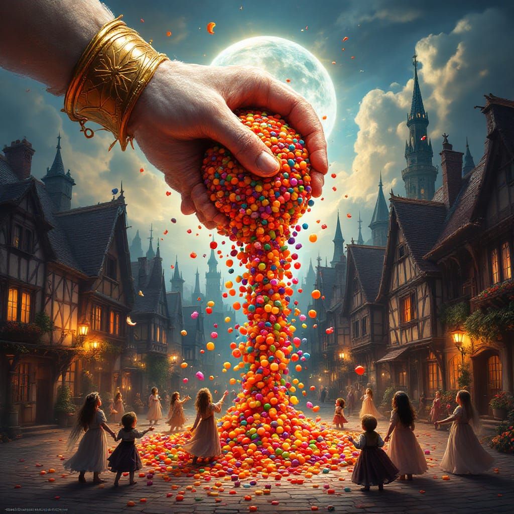 Giant Hand Spills Halloween Candy on Village