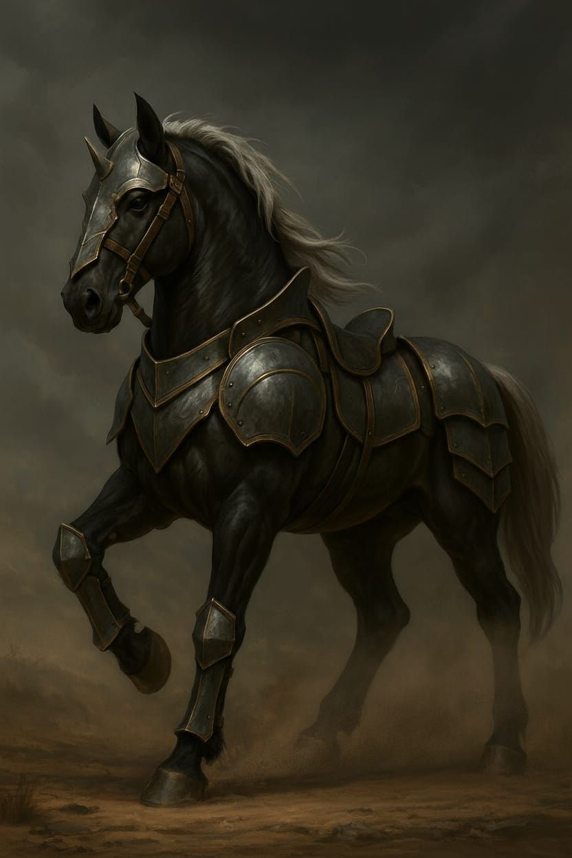 Armored Warhorse in Stormy Landscape