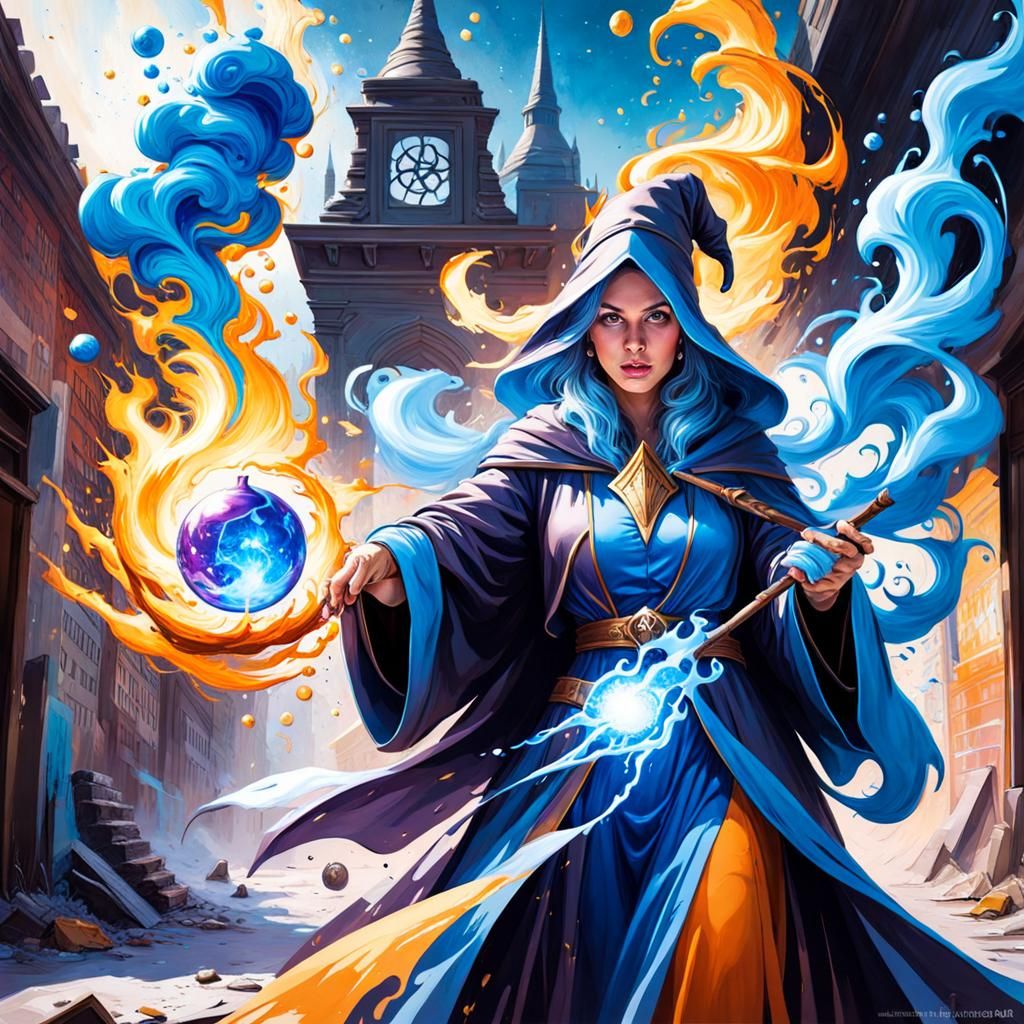 Female Wizard Casting a Fireball in Graffiti Style