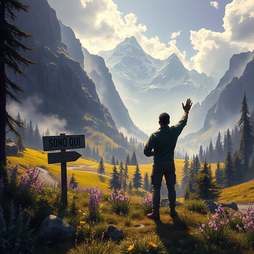 Man Waving in Lush Alpine Valley: Fantasy Art