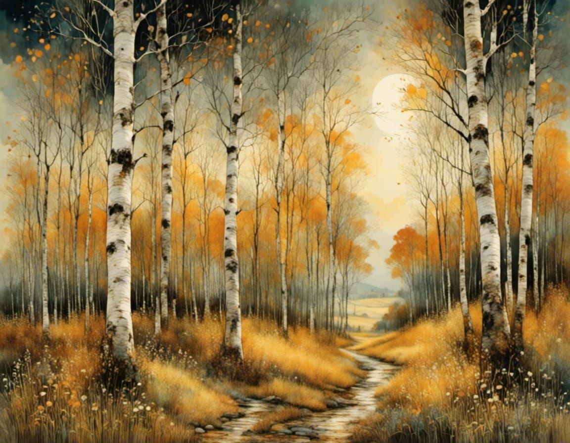 Autumn Birch Trees: Intricate Painterly Landscape