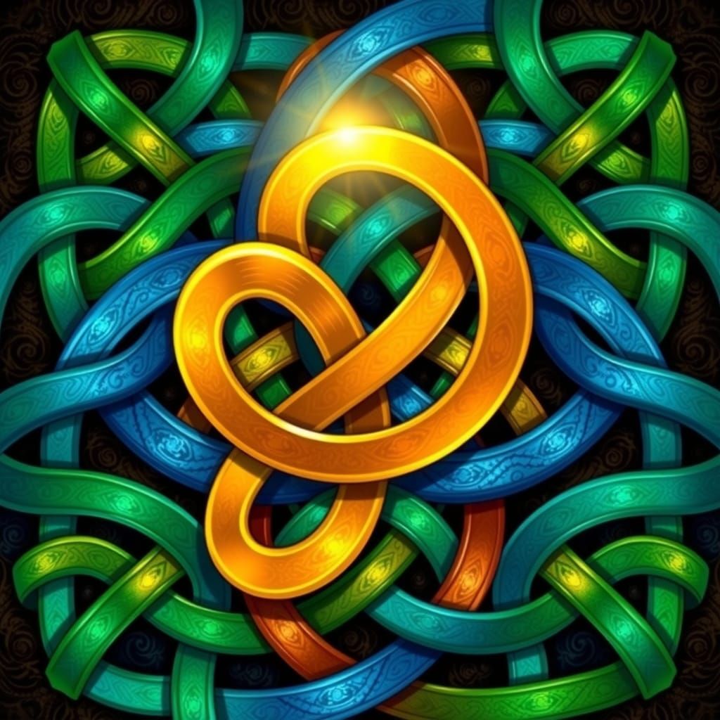 Interconnected Celtic Knots in Emerald, Blue, and Amber with...