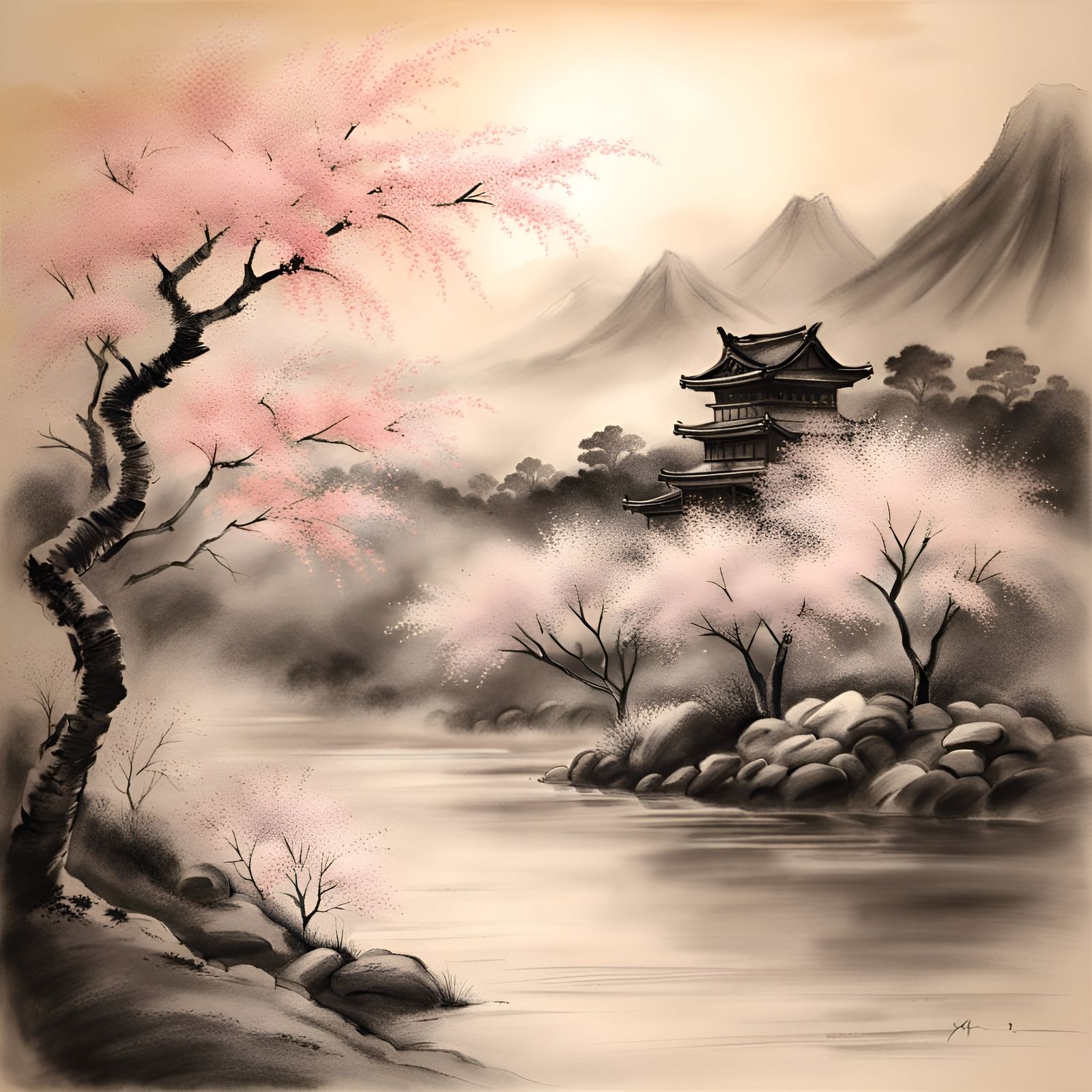 Charcoal Drawing of Japanese Sunrise Landscape