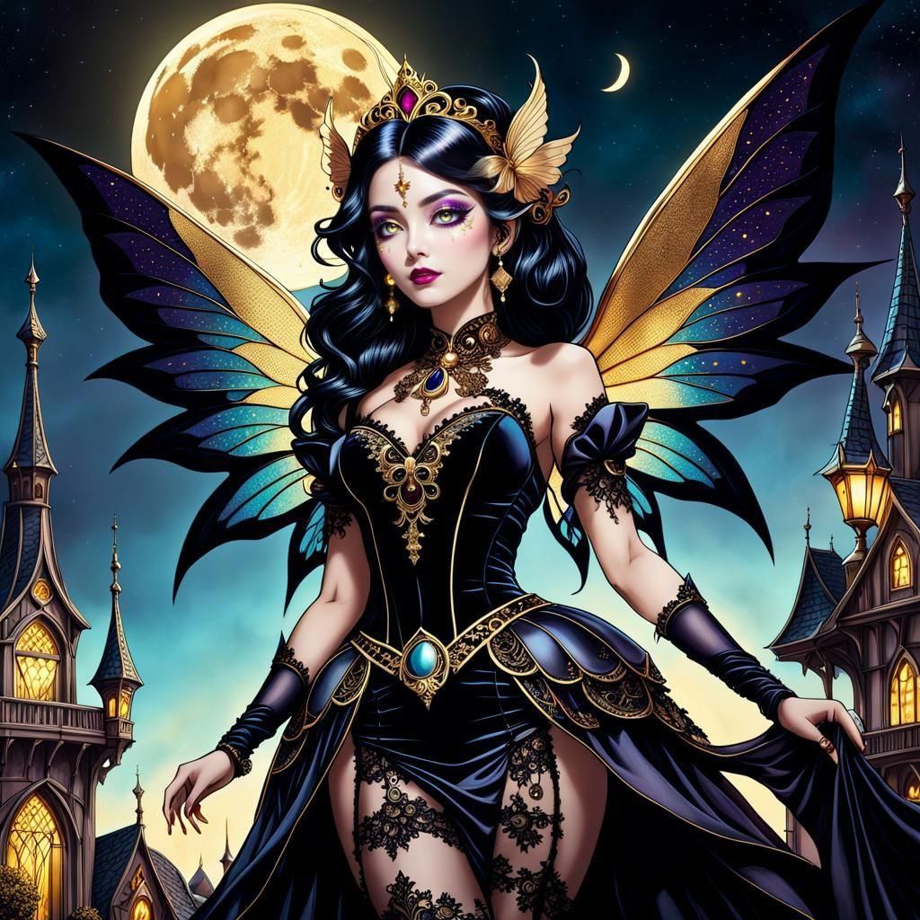 Gothic Fairy with Stained Glass Wings and Moon