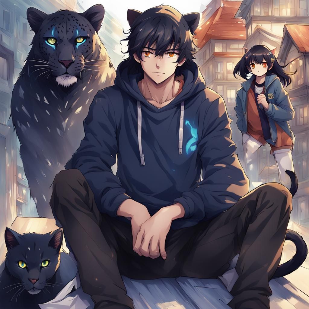 Anime Style: Leopard Beside Boy with Cat Ears
